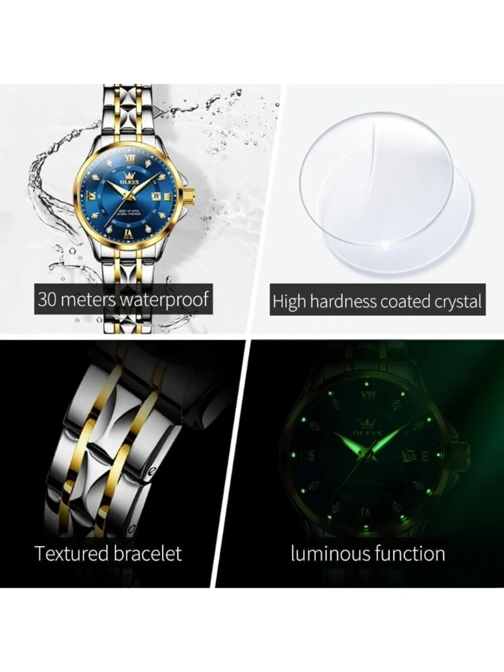 Women Silver Blue Analog Quartz Stainless Steel Waterproof Luminous Luxury Watch